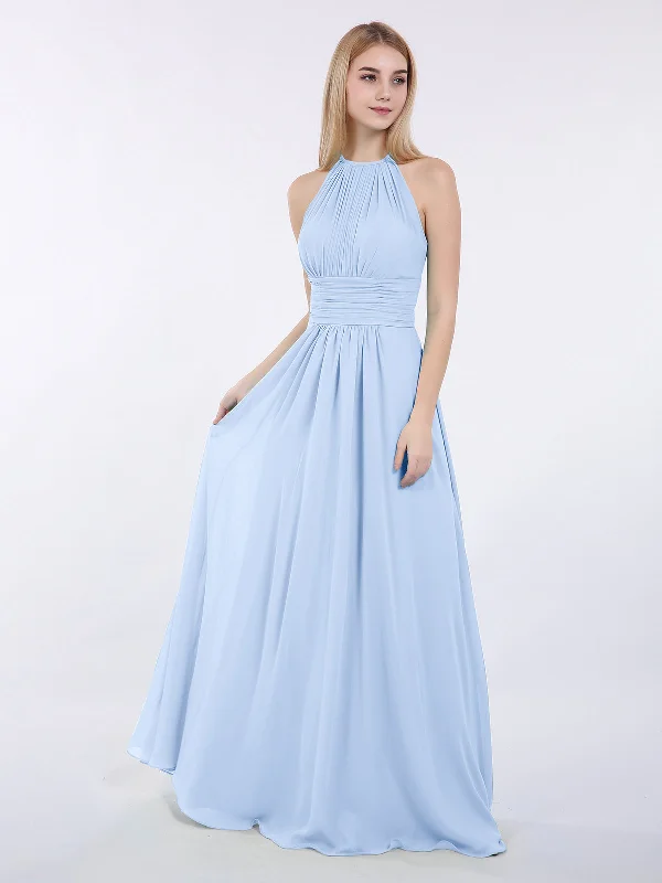 Halter Chiffon Maxi Dress of Bridesmaid Sky Blue Stylish Boho Chic Maxi Dress
