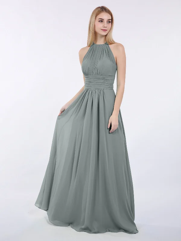 Halter Chiffon Maxi Dress of Bridesmaid Steel Grey Trendy Maxi Dress with Lace