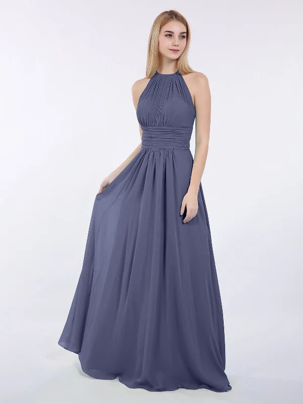 Halter Chiffon Maxi Dress of Bridesmaid Stormy Stylish V-Neck Maxi Dress