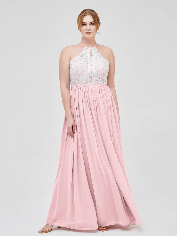 Halter Maxi Dress with Ivory Lace Bodice-Blushing Pink Trendy Floral Print Maxi Dress Halter Maxi Dress with Ivory Lace Bodice-Blushing Pink Trendy Floral Print Maxi Dress