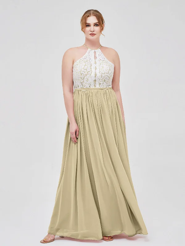 Halter Maxi Dress with Ivory Lace Bodice-Champagne Comfortable Long-Sleeve Maxi Dress Halter Maxi Dress with Ivory Lace Bodice-Champagne Comfortable Long-Sleeve Maxi Dress