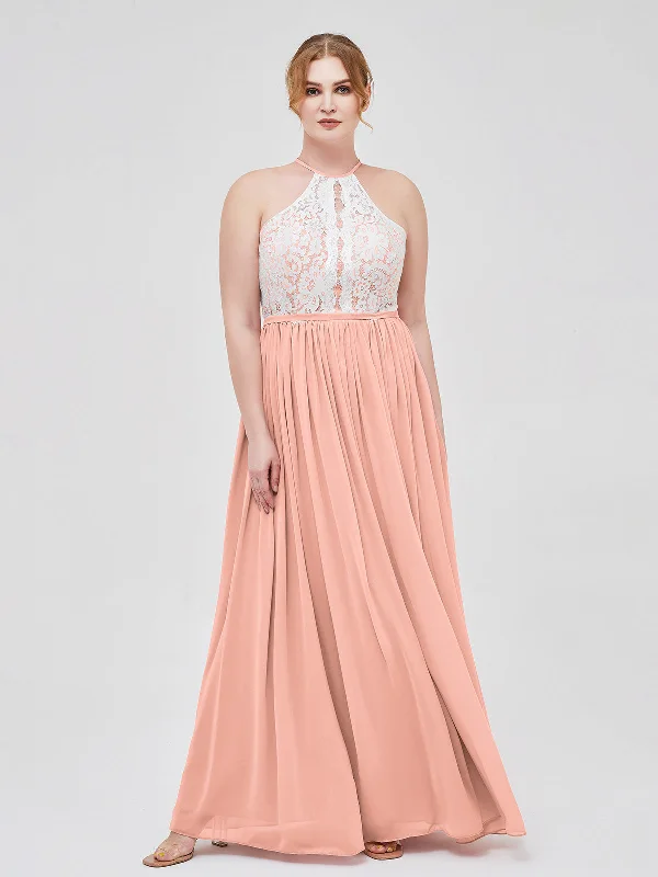 Halter Maxi Dress with Ivory Lace Bodice-Coral Fashionable Halter Neck Maxi Dress