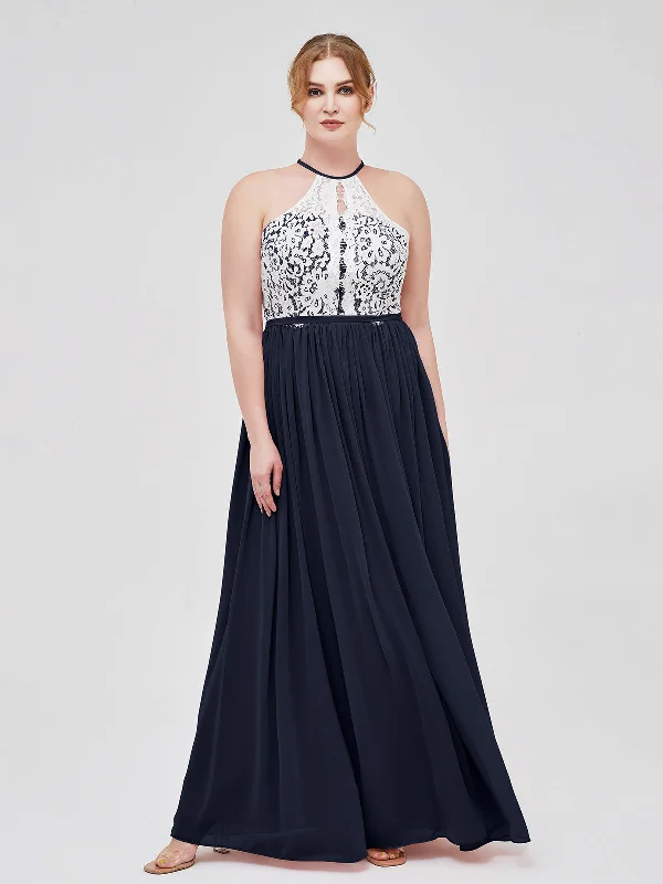 Halter Maxi Dress with Ivory Lace Bodice-Dark Navy Trendy Ruffled Maxi Dress