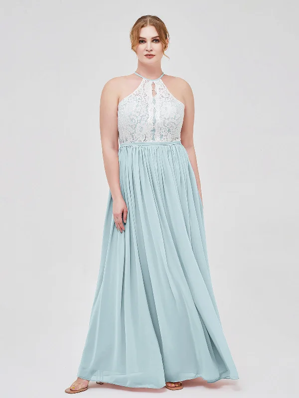 Halter Maxi Dress with Ivory Lace Bodice-Mist Cozy Ruffle Sleeve Maxi Dress