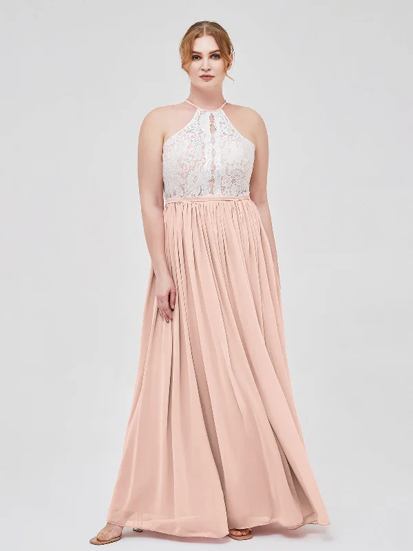 Halter Maxi Dress with Ivory Lace Bodice-Pearl Pink Comfortable Plunging Neckline Maxi Dress