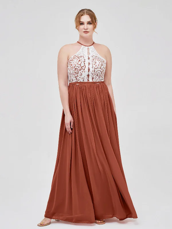 Halter Maxi Dress with Ivory Lace Bodice-Rust Comfortable Plunging Neckline Maxi Dress Halter Maxi Dress with Ivory Lace Bodice-Rust Comfortable Plunging Neckline Maxi Dress