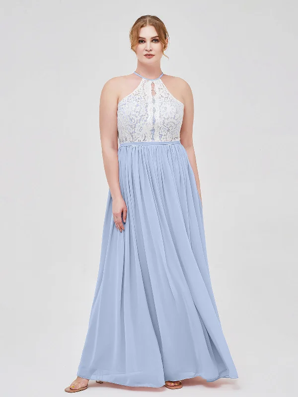 Halter Maxi Dress with Ivory Lace Bodice-Sky Blue Fashionable Off-Shoulder Maxi Dress Halter Maxi Dress with Ivory Lace Bodice-Sky Blue Fashionable Off-Shoulder Maxi Dress