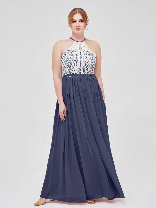 Halter Maxi Dress with Ivory Lace Bodice-Stormy Trendy Fit-and-Flare Maxi Dress