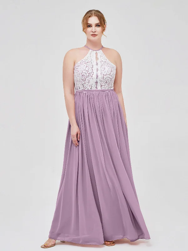 Halter Maxi Dress with Ivory Lace Bodice-Wisteria Comfortable Pleated Maxi Dress