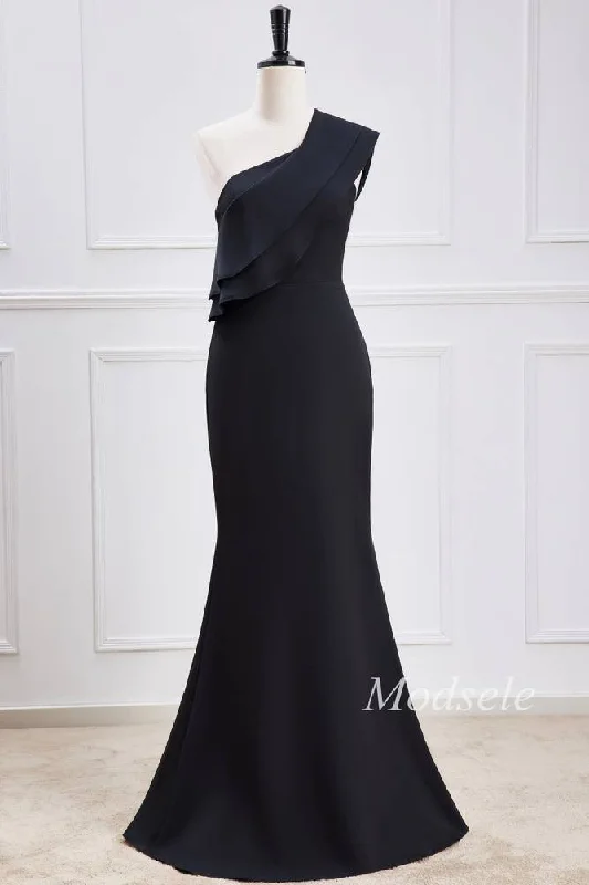 Black Chiffon One-Shoulder Mermaid Maxi Dress Trendy Floral Print Maxi Dress