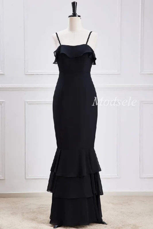 Black Spaghetti Strap Ruffle Multi-Layer Maxi Dress Cozy Maxi Dress with Slit