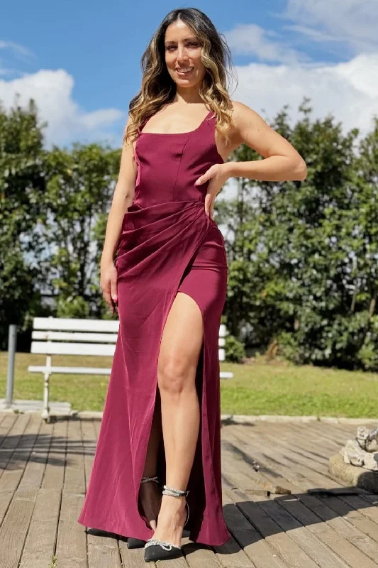 Burgundy Square Neck Cutout Back Ruched Maxi Dress Elegant Lace-Up Maxi Dress