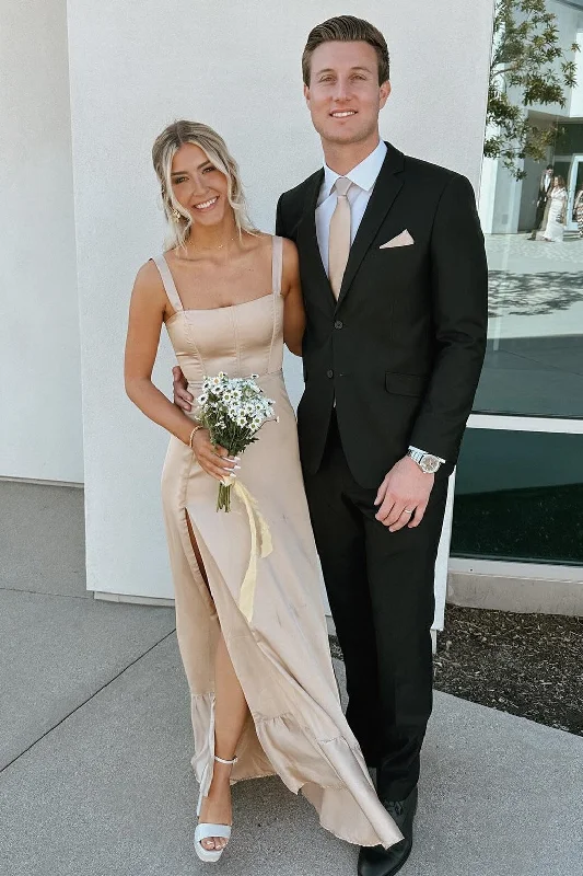 Champagne Lace-Up A-Line Maxi Dress with Slit Stylish Long Sleeve Maxi Dress