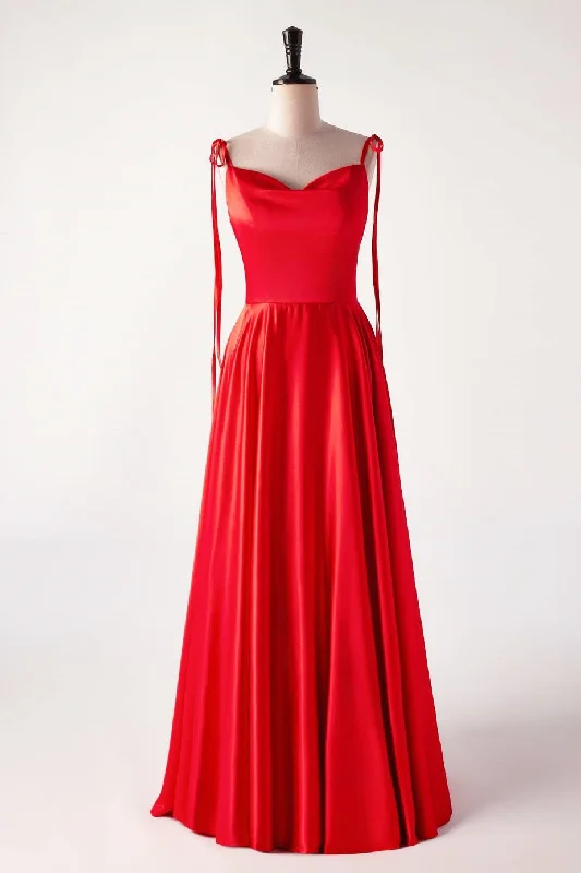 Cowl Neck Red Satin Long Maxi Dress Trendy Maxi Dress with Belt