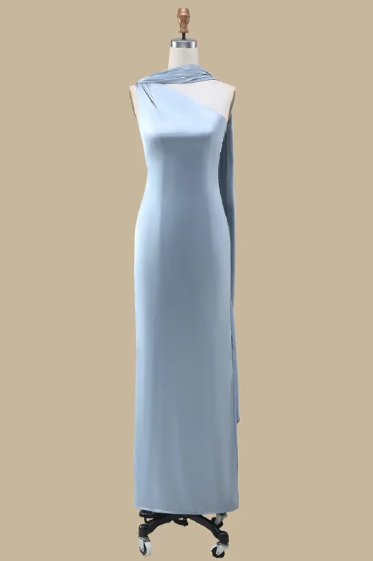 Dusty Blue One-Shoulder Maxi Dress with Sash Comfortable Ruffle Hem Maxi Dress