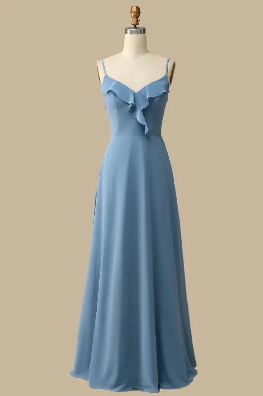 Dusty Blue Ruffle Lace-Up Chiffon Maxi Dress Stylish Longline Maxi Dress