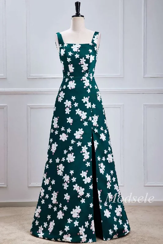 Emerald Print Square Neck Maxi Dress with Slit Classic Strapless Maxi Dress