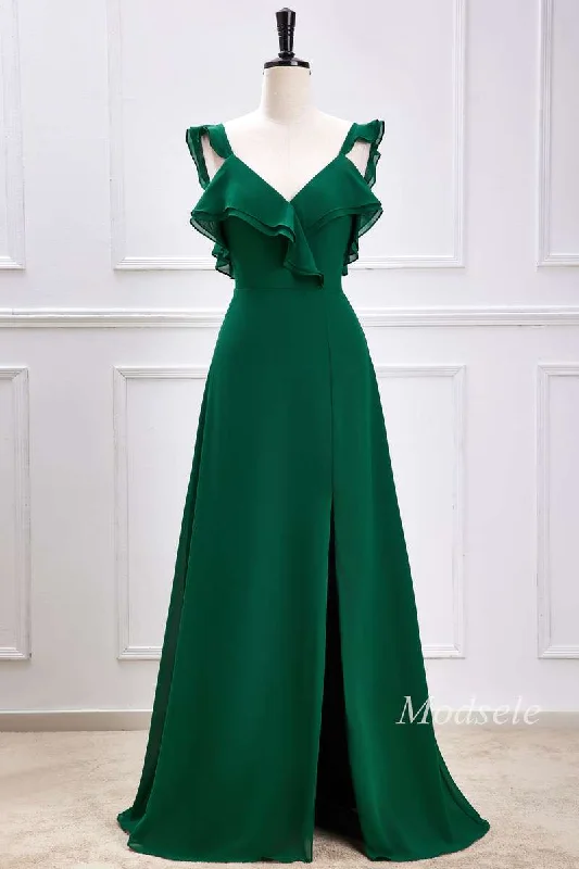Emerald Ruffle Flutter Sleeve Maxi Dress with Slit Comfortable T-Shirt Maxi Dress