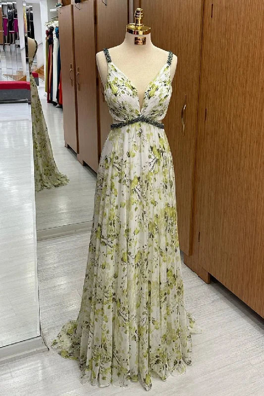 Floral Print Beaded V-Neck Chiffon Maxi Dress Fashionable High-Low Maxi Dress