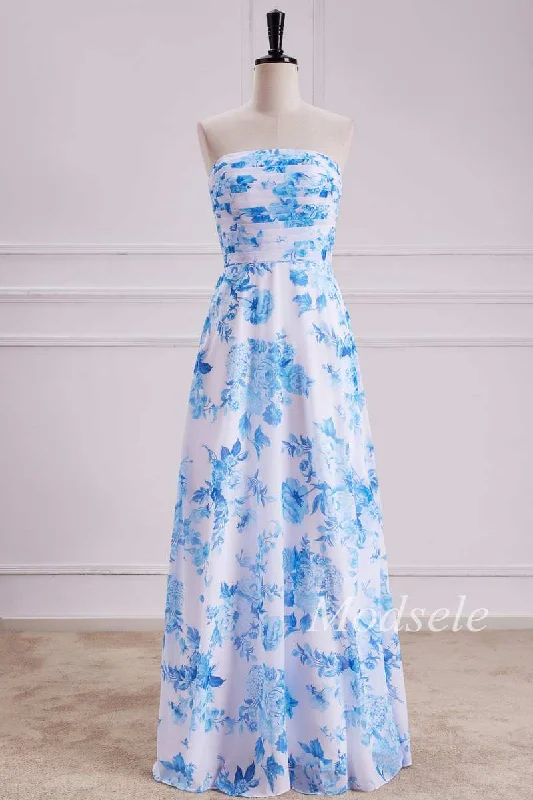 Floral Print Shirred Bodice Strapless Maxi Dress Fashionable Halter Neck Maxi Dress