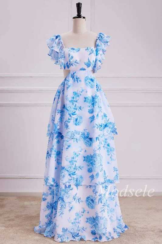 Flutter Sleeve Cutout Tiered Floral Print Maxi Dress Comfortable Fitted Maxi Dress