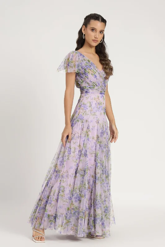 Gally Maxi Dress in Lilac Print Fashionable Button-Down Maxi Dress