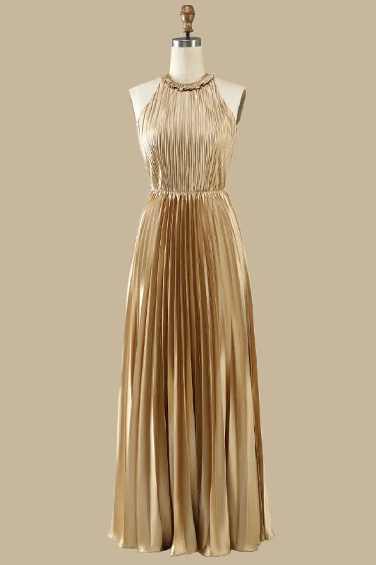 Gold Round Neck Ruffle Pleated Maxi Dress Fashionable Chiffon Maxi Dress