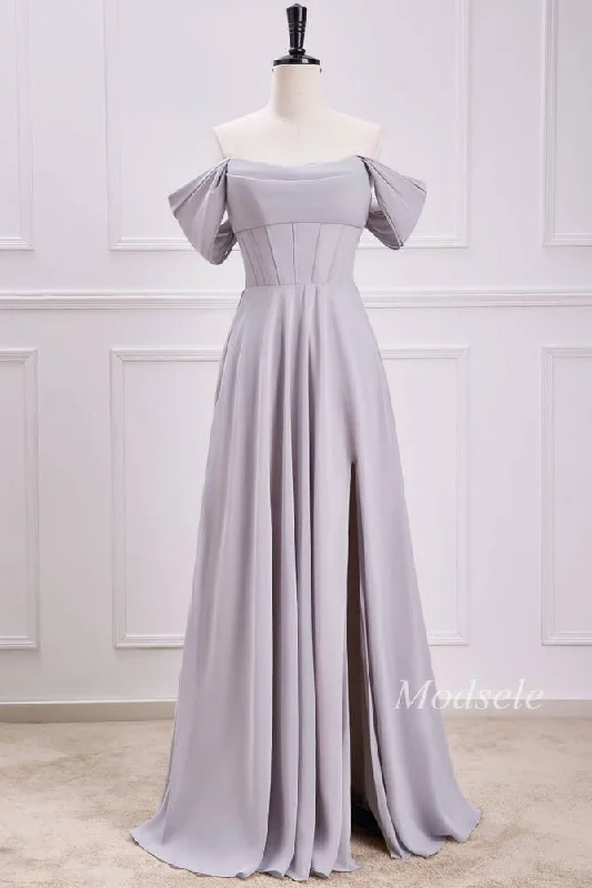 Gray Chiffon Off-the-Shoulder Maxi Dress with Slit Comfortable Casual Maxi Dress