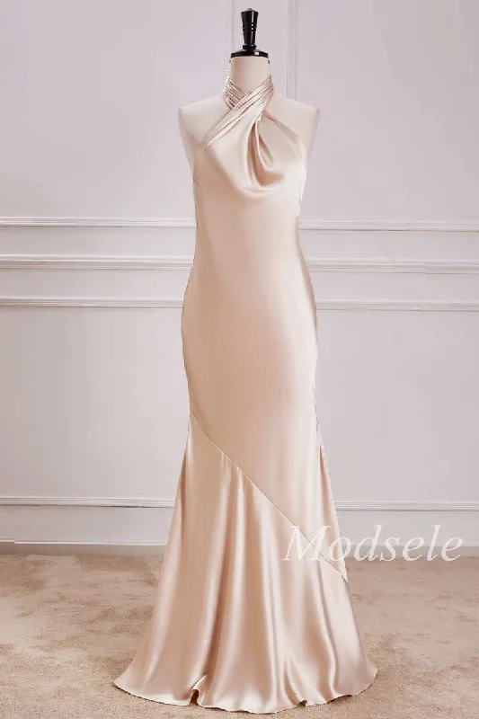 Halter Mermaid Maxi Dress in Champagne Trendy Maxi Dress with Lace