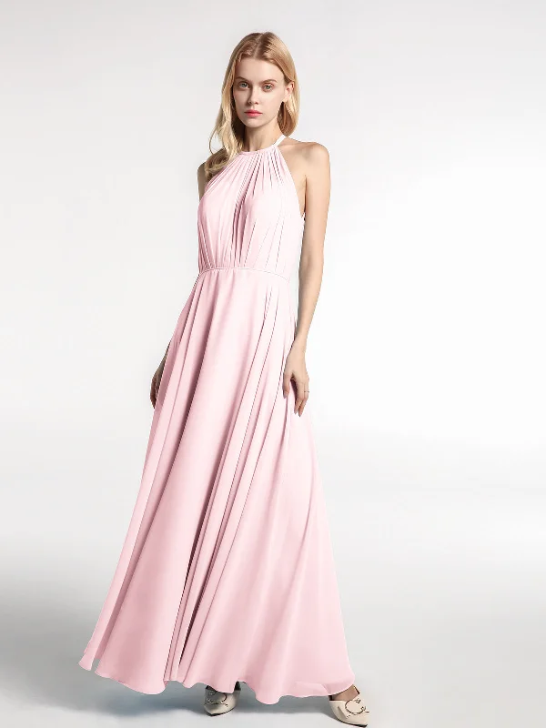 Halter Neck Chiffon Maxi Dress with Circle Skirt-Blushing Pink Classic A-Line Maxi Dress Halter Neck Chiffon Maxi Dress with Circle Skirt-Blushing Pink Classic A-Line Maxi Dress