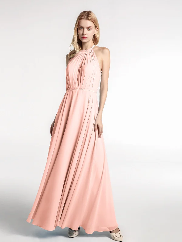 Halter Neck Chiffon Maxi Dress with Circle Skirt-Coral Chic Boho Print Maxi Dress
