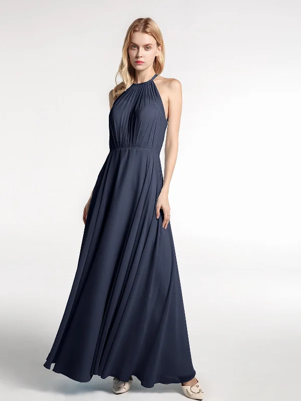 Halter Neck Chiffon Maxi Dress with Circle Skirt-Dark Navy Elegant Floral Maxi Dress Halter Neck Chiffon Maxi Dress with Circle Skirt-Dark Navy Elegant Floral Maxi Dress