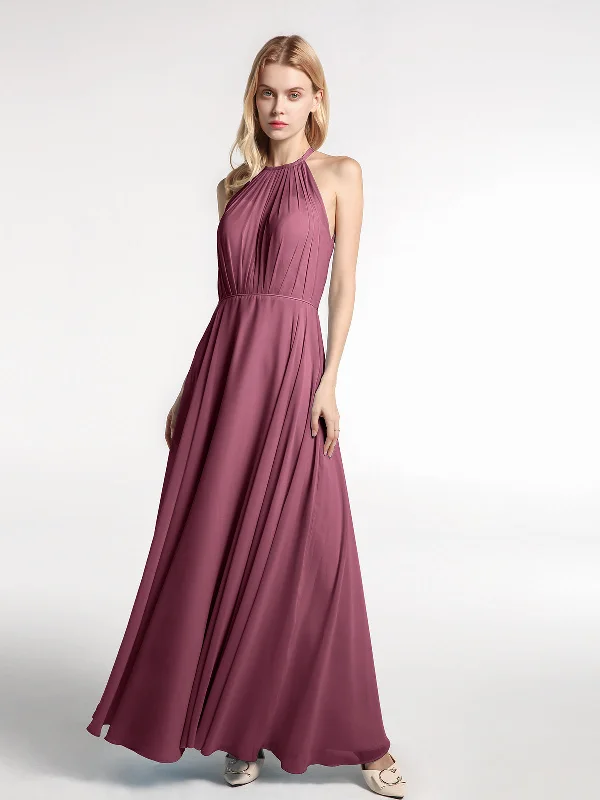 Halter Neck Chiffon Maxi Dress with Circle Skirt-Mulberry Chic Summer Floral Maxi Dress Halter Neck Chiffon Maxi Dress with Circle Skirt-Mulberry Chic Summer Floral Maxi Dress