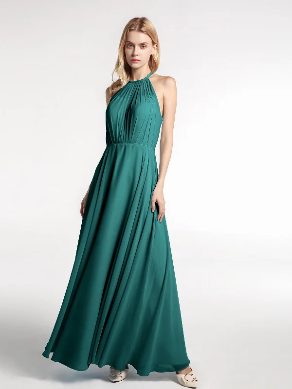 Halter Neck Chiffon Maxi Dress with Circle Skirt-Peacock Elegant Maxi Dress with Lace Halter Neck Chiffon Maxi Dress with Circle Skirt-Peacock Elegant Maxi Dress with Lace
