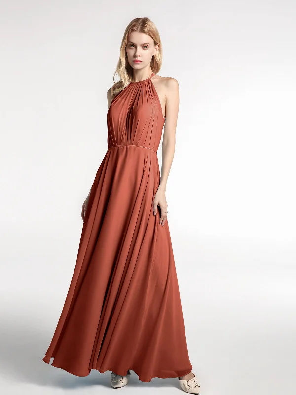 Halter Neck Chiffon Maxi Dress with Circle Skirt-Rust Elegant Tiered Maxi Dress