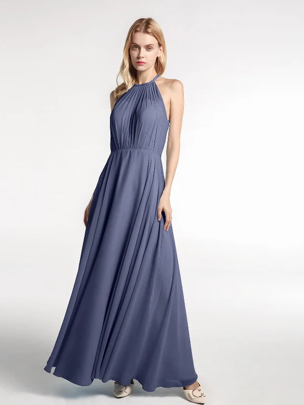 Halter Neck Chiffon Maxi Dress with Circle Skirt-Stormy Trendy Maxi Dress with Bow