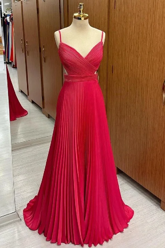 Hot Pink Surplice Neck Pleated Maxi Dress Fashionable Sleeveless Maxi Dress