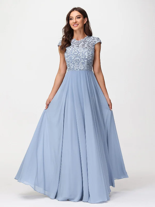 Illusion Wrap Neck Lace and Chiffon Maxi Dress-Dusty Blue Elegant Lace Maxi Dress