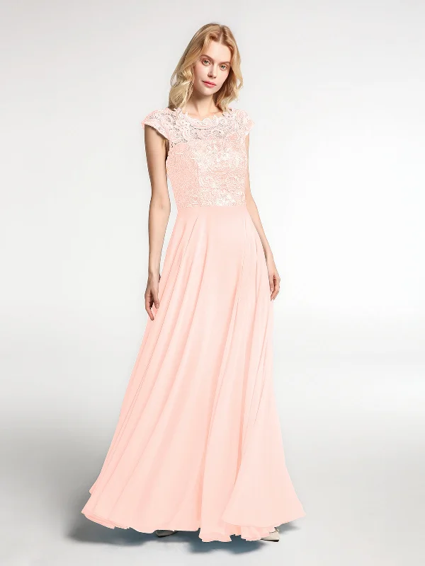 Illusion Wrap Neck Lace and Chiffon Maxi Dress-Pearl Pink Fashionable Sheer Maxi Dress