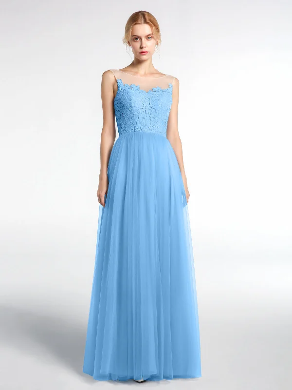 Illusion Neckline Lace and Tulle Maxi Dress-Blue Comfortable Bohemian Maxi Dress