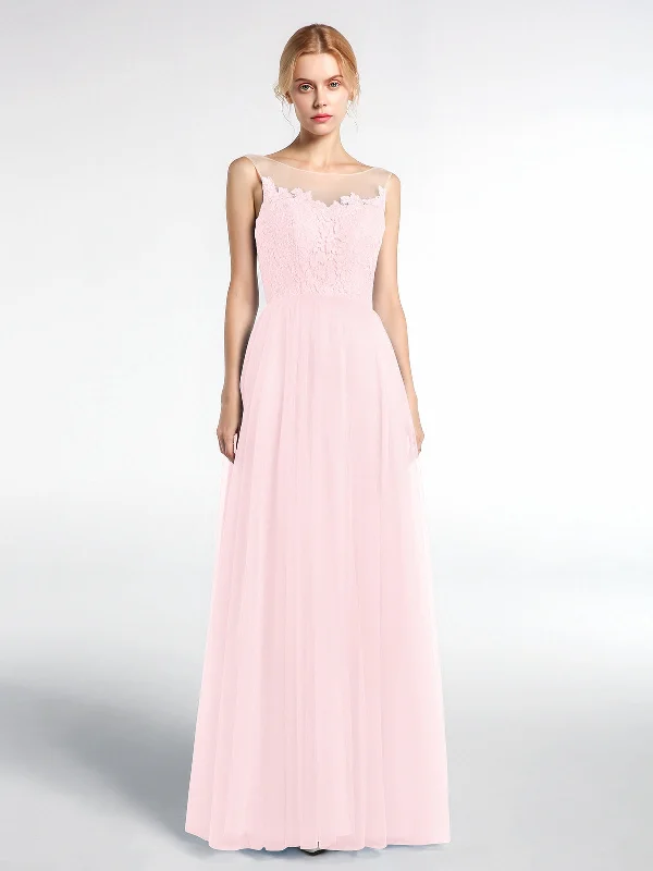 Illusion Neckline Lace and Tulle Maxi Dress-Blushing Pink Classic A-Line Maxi Dress