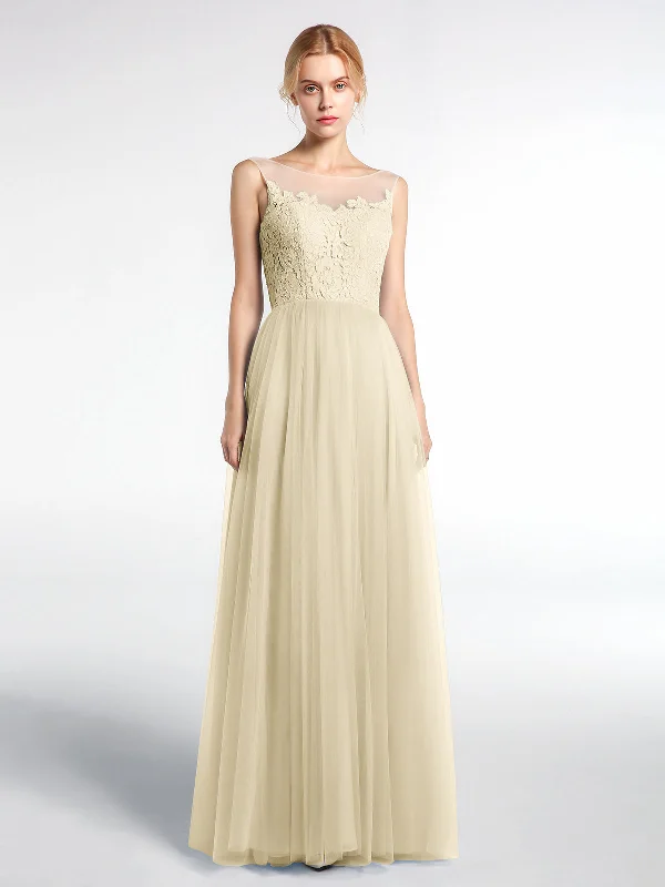 Illusion Neckline Lace and Tulle Maxi Dress-Champagne Stylish A-Line Maxi Dress