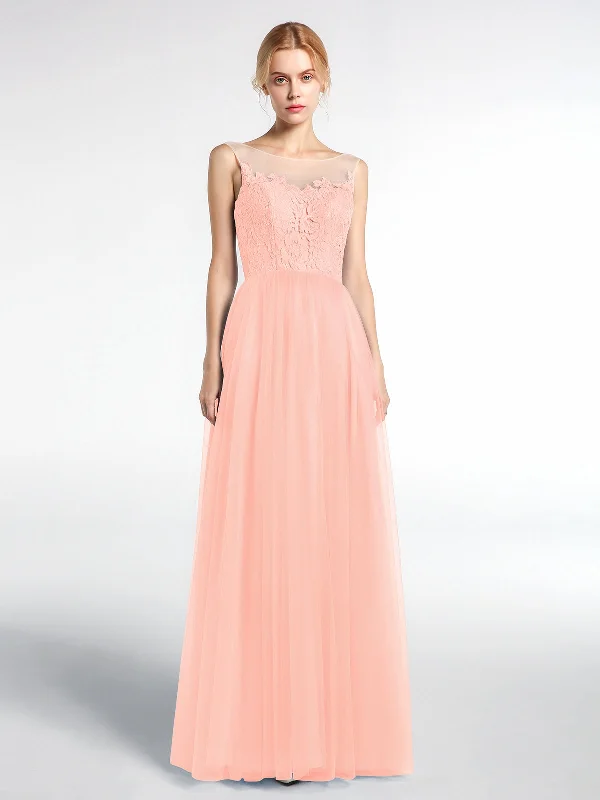 Illusion Neckline Lace and Tulle Maxi Dress-Coral Elegant Boho Maxi Dress