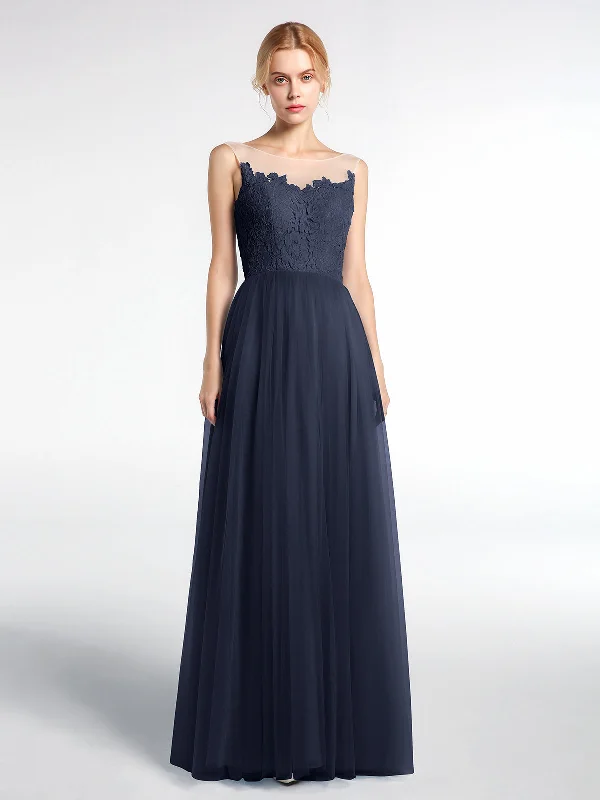 Illusion Neckline Lace and Tulle Maxi Dress-Dark Navy Stylish Long Sleeve Maxi Dress Illusion Neckline Lace and Tulle Maxi Dress-Dark Navy Stylish Long Sleeve Maxi Dress