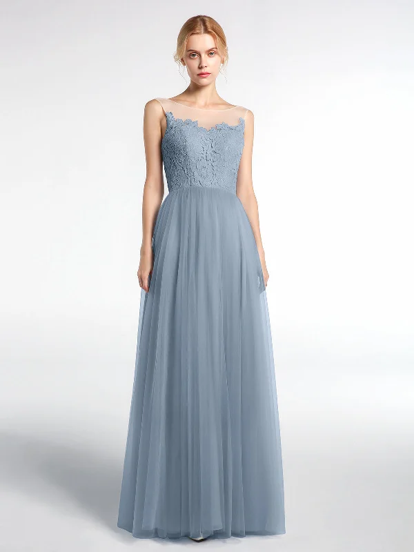 Illusion Neckline Lace and Tulle Maxi Dress-Dusty Blue Chic Button-Up Maxi Dress