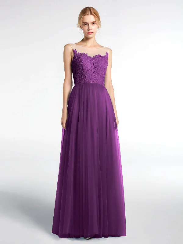 Illusion Neckline Lace and Tulle Maxi Dress-Grape Comfortable Satin Maxi Dress