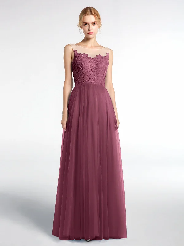 Illusion Neckline Lace and Tulle Maxi Dress-Mulberry Elegant Velvet Maxi Dress