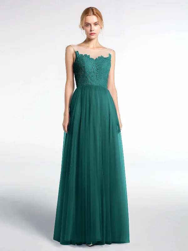 Illusion Neckline Lace and Tulle Maxi Dress-Peacock Stylish Maxi Dress with Pleats