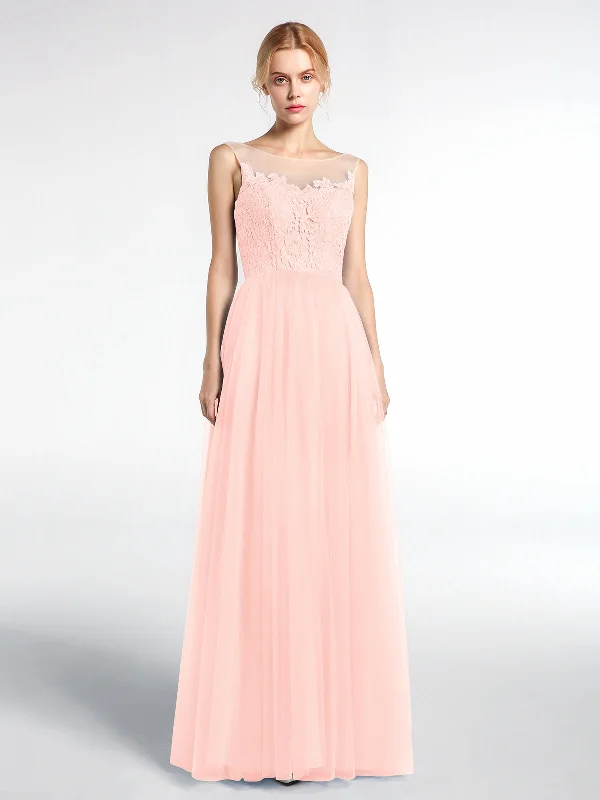 Illusion Neckline Lace and Tulle Maxi Dress-Pearl Pink Trendy Maxi Dress with Bow
