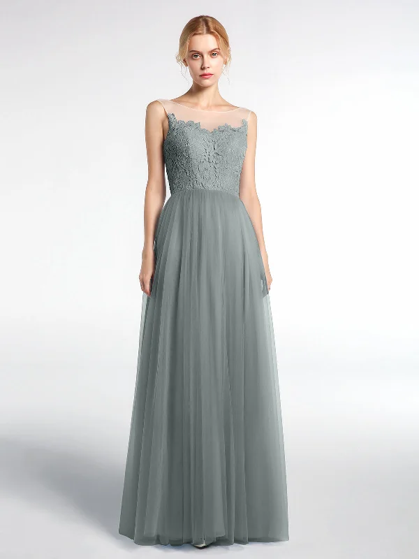 Illusion Neckline Lace and Tulle Maxi Dress-Steel Grey Cozy Open-Back Maxi Dress